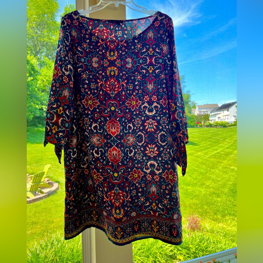 Bohemian column dress in blue, gold, and burgundy, size junior XL